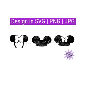 May include: Three black and white mouse ear headbands, two with bows and one without. The headbands are for crafting and are available in SVG, PNG, and JPG formats.