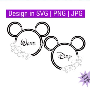 Puede incluir: Diseño de corte SVG en blanco y negro de dos orejas de Mickey Mouse con las palabras "Wash" y "Dry" en su interior. Las orejas están rodeadas de pequeños círculos, que representan burbujas.