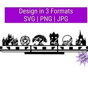Może przedstawiać: Czarno-biała sylwetka monorail z różnymi punktami orientacyjnymi Disneya, w tym Zamkiem Kopciuszka, Drzewem Życia i Space Mountain. Tekst "Design in 3 Formats SVG | PNG | JPG" znajduje się w górnej części obrazu.