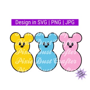 May include: Three cartoon mouse head shaped cutouts, one yellow, one blue, and one pink. The cutouts are in the shape of a traditional Easter egg.