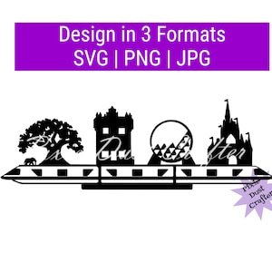 May include: Black and white silhouette of a monorail with a tree, castle, and a sphere with a checkered pattern. The text "Design in 3 Formats SVG | PNG | JPG" is at the top of the image.