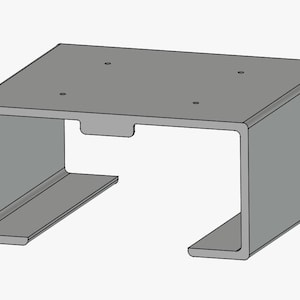 May include: A gray metal shelf with a rectangular top and a U-shaped base. The top has four small holes. The shelf is designed with a minimalist aesthetic, suitable for various storage needs.