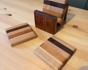 Handmade Wood Coaster Set with Holder – Mixed Hardwood Coasters