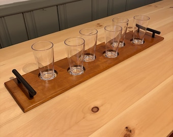 Handmade Walnut Beer Flight Tray: Rustic Barware with 6 Glasses