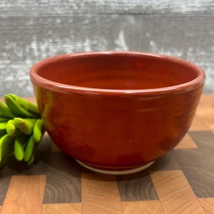 May include: A handmade, reddish-brown ceramic bowl with a glossy finish. The bowl has a rounded shape and a white base. The bowl is sitting on a wooden cutting board. A green plant is visible on the left side of the bowl.