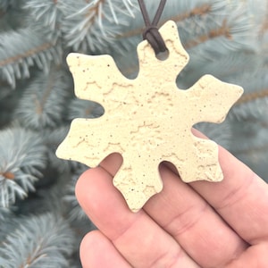 May include: A beige ceramic snowflake ornament with a textured surface and dark speckles, suspended by a brown cord. The ornament is held in a hand against a backdrop of blue-green evergreen branches. A winter-themed decoration.