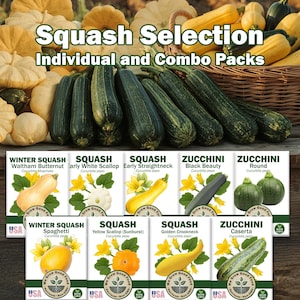 May include: A selection of squash and zucchini varieties, including Waltham Butternut, Early White Scallop, and Black Beauty. The image features individual and combo packs with the text "Squash Selection" and "Individual and Combo Packs".