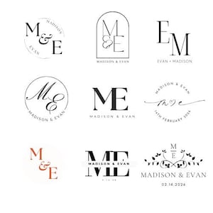 Peut inclure: Une collection de neuf logos de mariage présentant les initiales "M" et "E" dans différents styles et polices de caractères. Certains logos incluent les noms "Madison" et "Evan" ainsi que la date "14 février 2026".