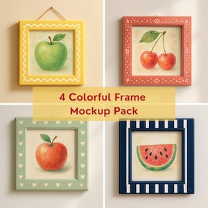 Op de afbeelding: Vier kleurrijke vierkante frames met fruitillustraties. De frames zijn geel, koraal, mintgroen en marineblauw. De tekst "4 Colorful Frame Mockup Pack" wordt weergegeven in een gele banner.