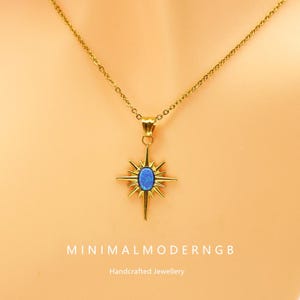 Fire Opal Starburst Necklace in Sterling Silver, White and Blue Opal Star Pendant Necklace, Crystal Star Necklace, Birthstone