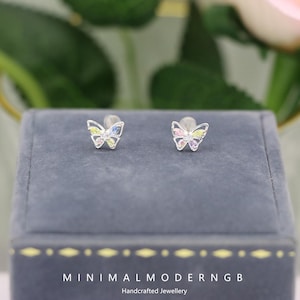 S925 Sterling Silver Butterfly Stud Earrings - Pink and Blue Mini Butterfly Earrings