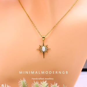 Fire Opal Starburst Necklace in Sterling Silver, White and Blue Opal Star Pendant Necklace, Crystal Star Necklace, Birthstone