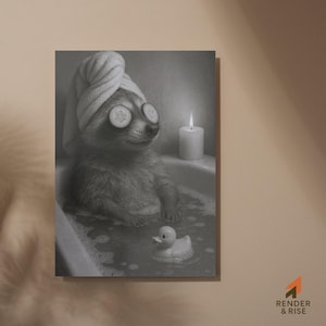 Funny Raccoon Bathroom Wall Art Printable Cute Raccoon in Bathtub with Towel and Cucumber Spa Digital Download Animal Print for Bathroom