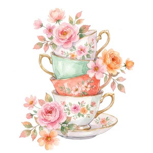 Könnte beinhalten: Ein vertikaler Stapel aus vier Keramiktassen mit goldenen Henkeln, verziert mit aquarellartigen rosa und orangefarbenen Blumenmustern. Die Tassen sind mit blühenden Rosen und kleinen Blüten geschmückt und stehen auf einer passenden Untertasse.