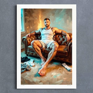 May include: An artistic print depicts a person seated on a brown leather couch, wearing a white tank top and shorts. The person is barefoot, with clothing and socks scattered on the floor. The artwork has a painterly style with a soft color palette.