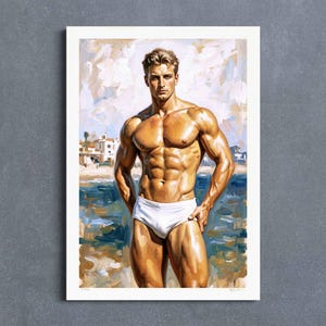 May include: An oil painting print of a muscular figure in white swim briefs, standing on a beach. The artwork features a male figure with a tan complexion, blonde hair, and a defined physique. The background depicts a coastal scene with buildings and water.