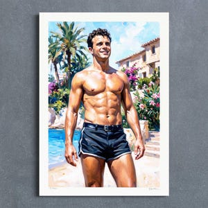 Muscular Male Figure Print, Mediterranean Poolside Oil Painting Style, Signed Limited Edition A4 Gay Wall Decor, Athletic Men Art