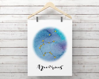 Aquarius Print, Constellation Print, Zodiac Print, Astrology Printable, Aquarius Astrological Sign, Aquarius Watercolor Wall Art