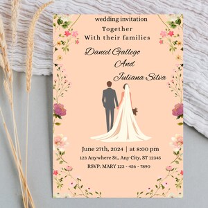 Bearbeitbare Hochzeitseinladungsvorlage, Floraler digitaler Download, personalisierte Braut Bräutigam einladen, anpassbare PDF, druckbare Heiratskarte