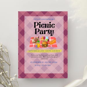 Editable Picnic Party Invitation Template | Printable Summer BBQ Invite | Instant Download Picnic Card | Canva Editable Evite