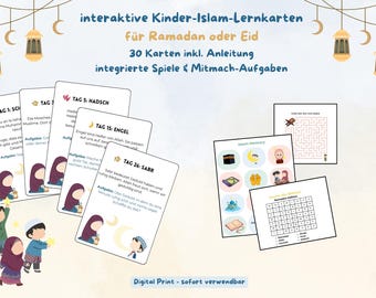 30 tarjetas didácticas y juegos islámicos interactivos para niños | Como regalo islámico o para calendarios de Ramadán | Descarga digital