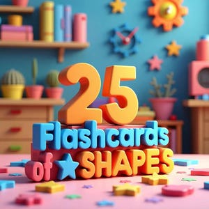 May include: An image of a colorful educational display featuring the number "25" in orange, atop a block reading "Flashcards of SHAPES" in blue, red, and orange. Scattered shapes in various colors are on a pink surface.
