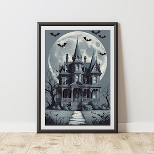 Haunted Victorian House Art, Stipple Gothic Print, Moonlit Manor Art, Spooky House Poster, Ink Bats Artwork, Creepy Mansion Art, Digital Art