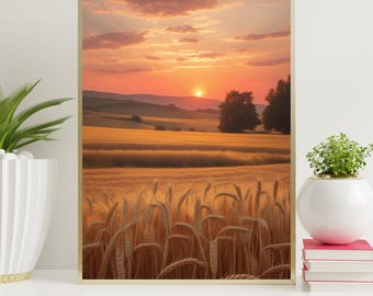 Art mural coucher de soleil champ doré | Impression de paysage de ferme rustique | affiche de champ de blé | Décoration d'intérieur champêtre | Téléchargement numérique
