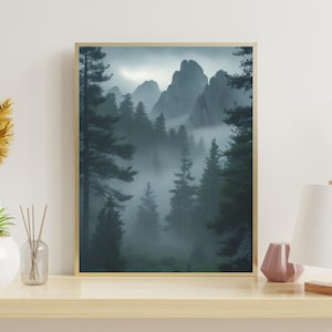 Wald Berge Digitaldruck, grüne Waldlandschaft Druck, Wandkunst Landschaft, neblige neblige Berge, Natur Bild, druckbare Wandkunst