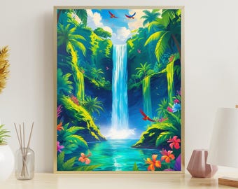 花に囲まれた川沿いの美しい小さな滝を描いた油絵（デジタル