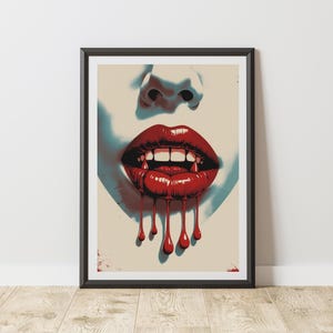 Vampire Lips Art, Bloody Lips Print, Retro Horror Art, Dripping Blood Art, Gothic Lips Poster, Fang Bite Artwork, Digital Print