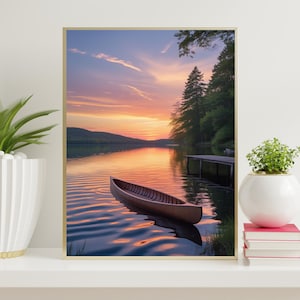 Calm lake reflecting a vibrant sunset sky, Landscape Print, Ocean Wall Art, Instant Digital Download, Printable Ocean Sunset Landscape
