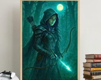 Lámina de Arquera a la Luz de la Luna: Mujer guerrera de fantasía con arco en el bosque (Descarga digital)