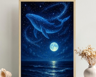 Celestial Whale Wall Art: Blue Ocean and Night Sky Cosmic Fantasy Decor (Digital Download)