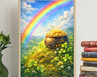 May include: A framed print depicts a vibrant rainbow arching over a green hillside dotted with shamrocks and small white flowers. A black pot overflowing with gold coins sits at the rainbow's end. The sky is a bright blue with fluffy white clouds.