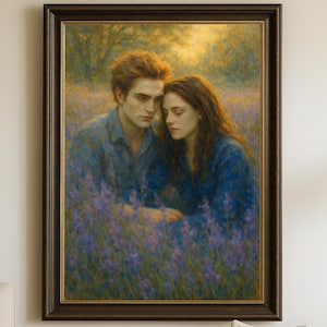 Twilight Edward i Bella Meadow Malarstwo, Romantyczna cyfrowa sztuka ścienna, Lawendowe pole Druk, Fantastyczna para Sztuka, Wystrój Sagi Zmierzch