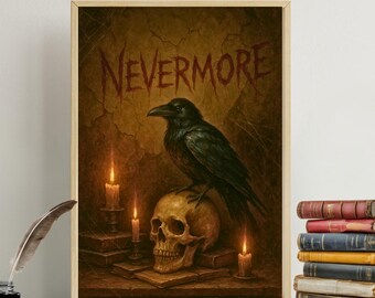 Nevermore Raven Wandkunst: Edgar Allan Poe Dark Academia Schädel Printable (digitaler Download)