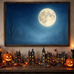 May include: A framed Halloween artwork showing a full moon in a dark blue sky with bare trees. Below, a display of miniature haunted houses, pumpkins, and autumn leaves creates a spooky scene. Lit candles and jack-o'-lanterns add to the festive atmosphere.