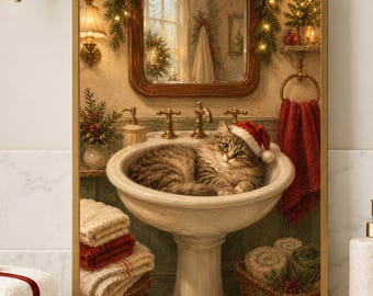 May include: A framed wall art print depicting a brown tabby cat wearing a red and white Santa hat, resting inside a pedestal bathroom sink. The scene includes a mirror, holiday greenery, a red towel, and stacked towels in a woven basket.