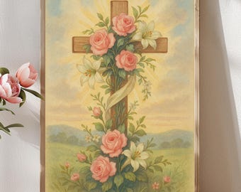 Paaskruis Muurdecoratie: Bloemen Christelijke Printbare Religieuze Decoratie (Digitale Download)