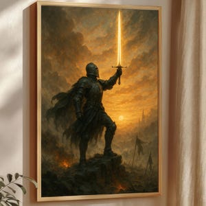 Epic Knight Wall Art Print: Medieval Warrior with Glowing Sword Fantasy Art (Digital Download)