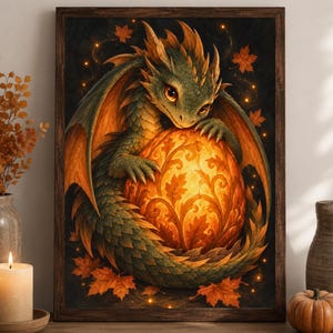 May include: A framed wall art print featuring a green dragon with orange accents curled around a glowing, patterned orange pumpkin. The scene is set against a dark background with scattered orange autumn leaves and small, warm, glowing light points.