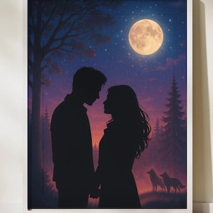 Moonlit Forest Romance Silhouette Print | Digital Download Wall Art | Enchanted Vampire Love Scene with Wolves & Full Moon, Vampire Romance