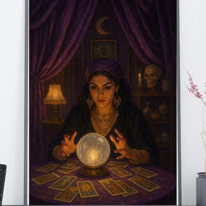 Arte de Cartomante Psíquico | Download Digital | Cartas de Tarô e Arte de Parede com Bola de Cristal | Decoração Boho Mística