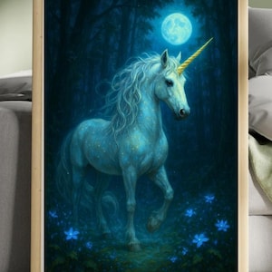 Mystical Unicorn Wall Art Print | Fantasy Moonlit Forest Digital Download | Enchanted Horse Illustration for Nursery, Bedroom, or Gift