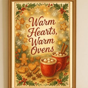 Warm Hearts Warm Ovens Christmas Kitchen Wall Art, Holiday Baking Print, Gingerbread Hot Cocoa Quote, Rustic Farmhouse Winter Sign