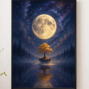 Arte imprimible de árbol de luna llena, decoración de pared de luna celestial y estrellas, descarga digital de fantasía mística