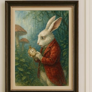 White Rabbit Alice in Wonderland Art Print | Fantasy Digital Download | Vintage Fairytale Illustration | Late Bunny Wall Decor