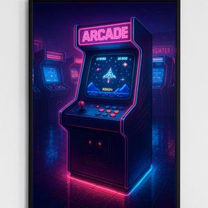 Retro Arcade Machine Wall Art Print, Neon Gaming Room Decor, 80s Video Game Poster, Digital Download Gamer Gift, Game Room Printable Art