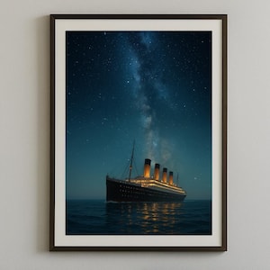 Titanic unter Sternenhimmel Digitaler Kunstdruck, Nacht Ozean Szene, Nautische Wanddekoration, Historisches Schiff Digital Download